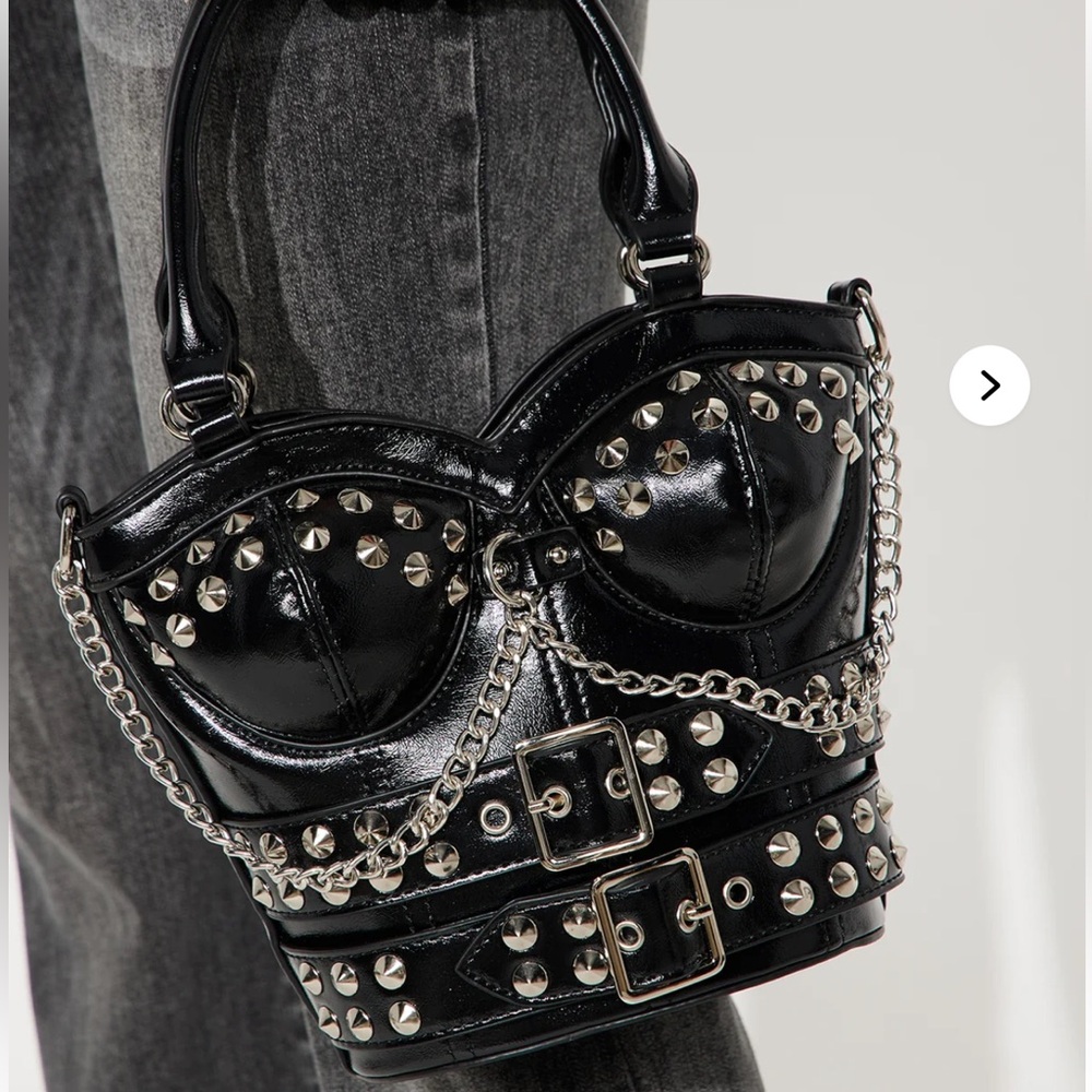 Fashion Nova Heart Throb Black Studded Corset Chain-Accent Shoulder Bag w/ Chain - Picture 7 of 13